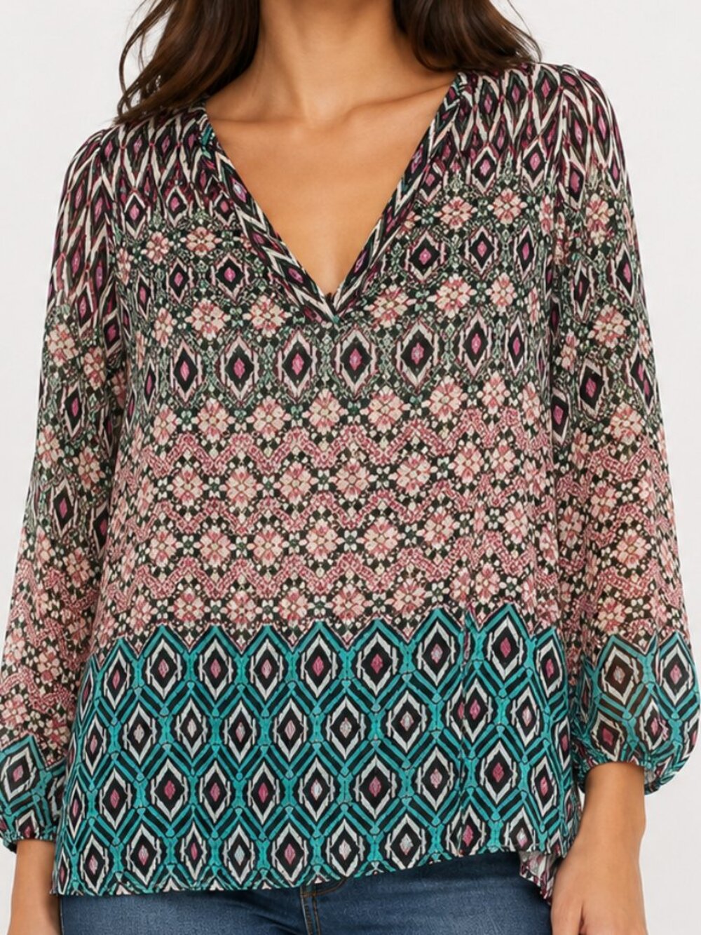 Everly Multicolor IKAT Semi Sheer Popover Blouse Small